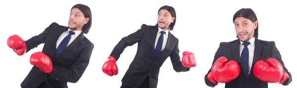 Empresario con guantes de boxeo en blanco — Foto de Stock