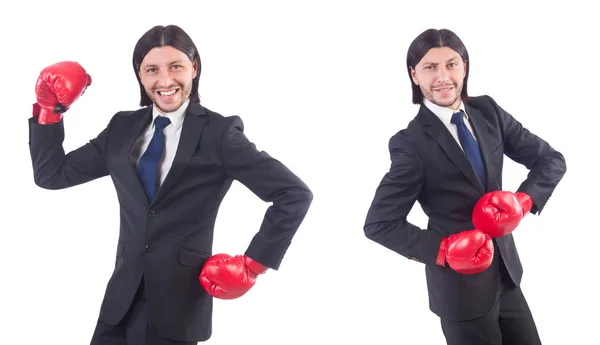 Empresario con guantes de boxeo en blanco —  Fotos de Stock