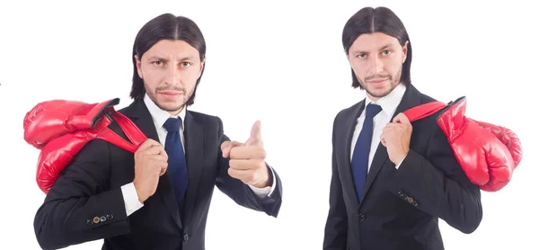 Homme d'affaires avec gants de boxe sur blanc — Photo