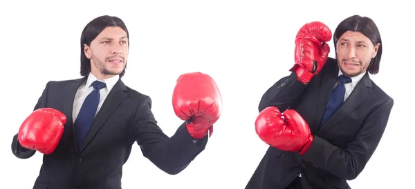 Empresario con guantes de boxeo en blanco — Foto de Stock