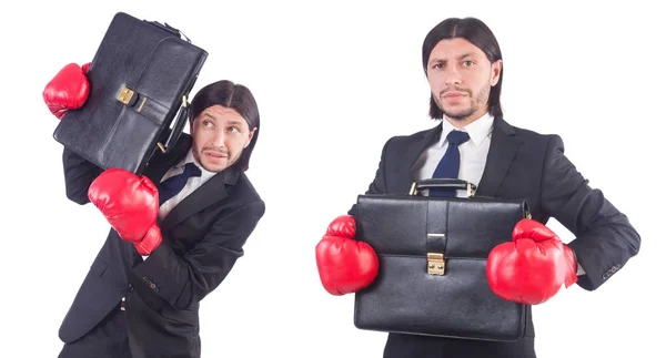 Empresario con guantes de boxeo en blanco —  Fotos de Stock