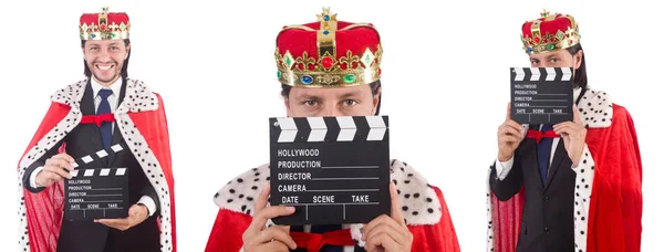 Rei homem de negócios com placa de filme isolado em branco — Fotografia de Stock