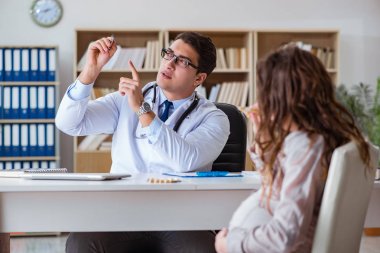 Hamile kadın muayene için doktoru ziyaret ediyor.