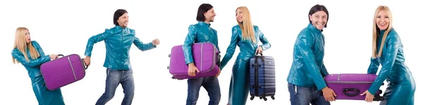 Красива дівчина і чоловік тримає валізи ізольовані на білому — стокове фото