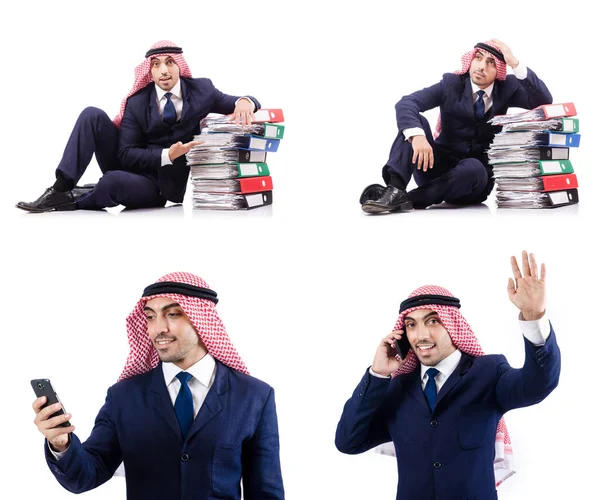 Arab businessman with many folders on white — Stock Photo, Image