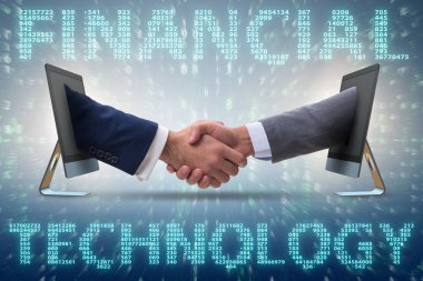 Finans teknolojisi kavramında el sıkışan iki kişi.