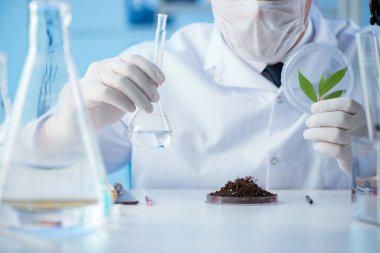 Erkek bilim adamı bir laboratuarda deney yapıyor.