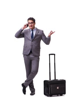 Beyaz izole iş seyahati sırasında genç adam