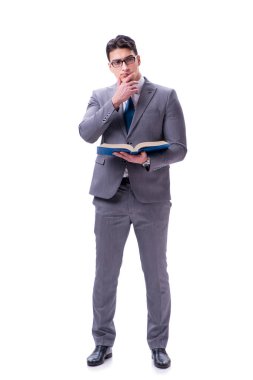 Beyaz arka planda izole edilmiş bir kitap okuyan işadamı öğrencisi