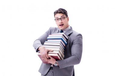 Elinde kitap yığınları taşıyan iş adamı öğrenci.