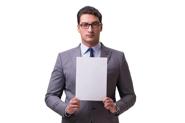 Empresário com quadro de mensagens em branco isolado em branco — Fotografia de Stock