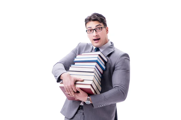 Empresario estudiante llevando la celebración de pila de libros aislados en w — Foto de Stock