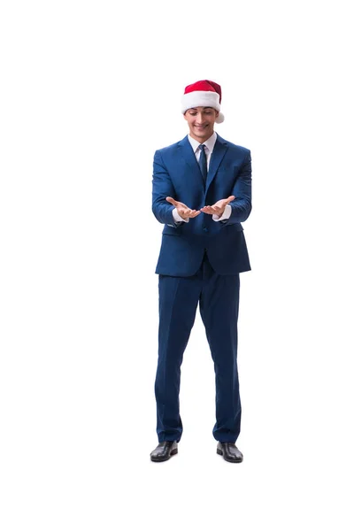 Giovane busnessman indossa cappello di Babbo Natale nel concetto di Natale su bianco — Foto Stock