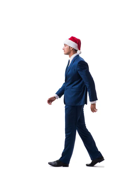 Молодой бизнесмен в шляпе Санты в рождественской концепции на белом — стоковое фото