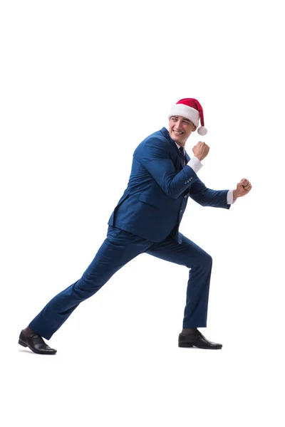 Ung skolelev bär santa hatt i jul koncept på vit — Stockfoto