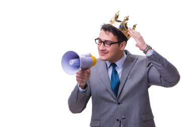 Beyaz arka plan üzerinde izole bir megafon ile Kral işadamı