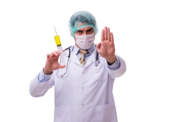 Beyaz şırıngalı komik doktor.