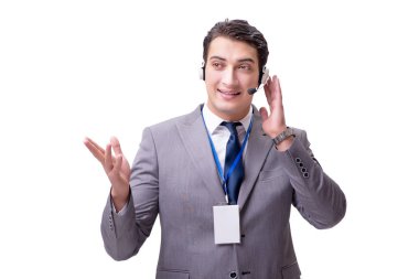 Beyaz arka plan üzerinde izole çağrı merkezi çalışanı