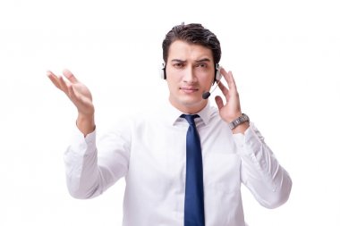 Beyaz arka plan üzerinde izole çağrı merkezi çalışanı