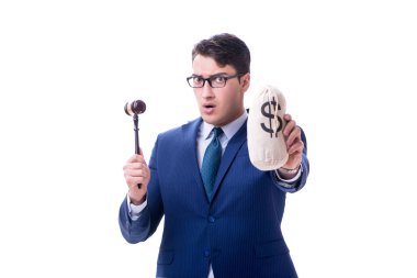 Beyaz izole avukat bir tokmak ve kötü bir paran para ile