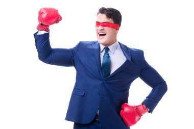 Avukat boks eldiven üzerinde beyaz izole göz bağı ile