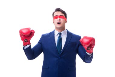 Avukat boks eldiven üzerinde beyaz izole göz bağı ile