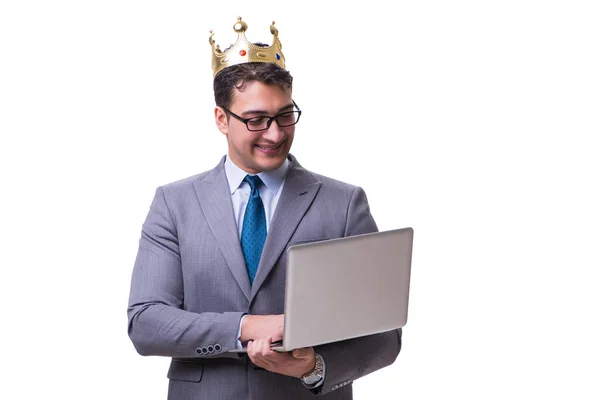 Biznesmen posiadania laptopa na białym tle z łóżkiem typu king-size — Zdjęcie stockowe
