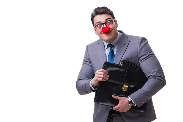 Lustiger Clown mit Aktentasche auf Weiß — Stockfoto