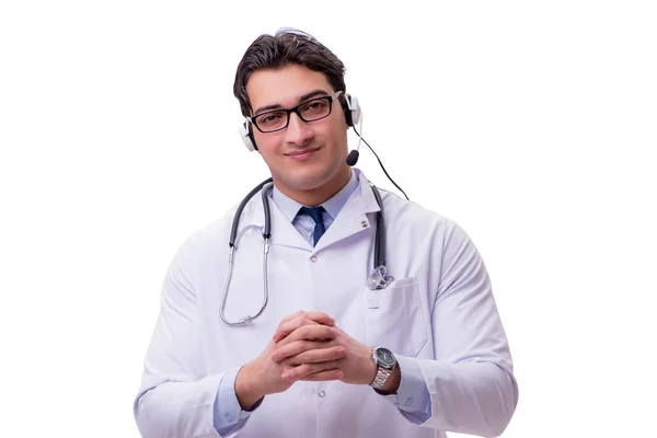 Молодой врач с телефонной гарнитурой изолирован на белом — стоковое фото
