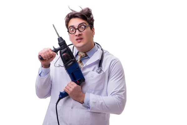 Médico engraçado com broca isolada em branco — Fotografia de Stock