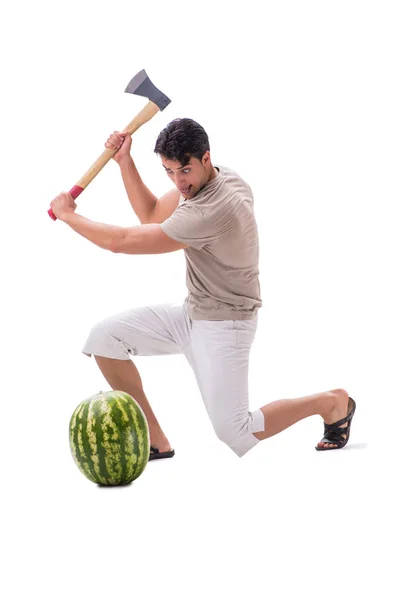 Young man with watermelon isolated on white — Stock Photo, Image