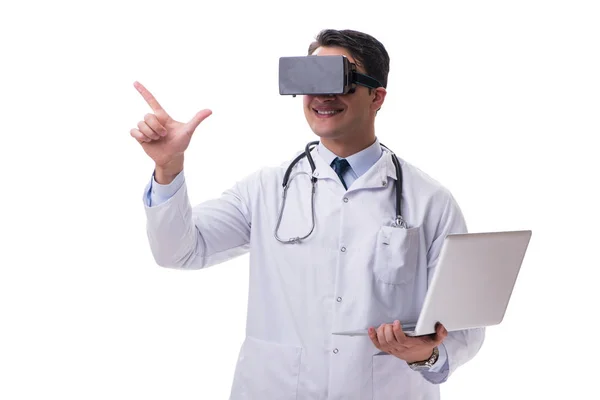 Doctor wearing 3d virtual reality glasses on white — Stock Photo, Image