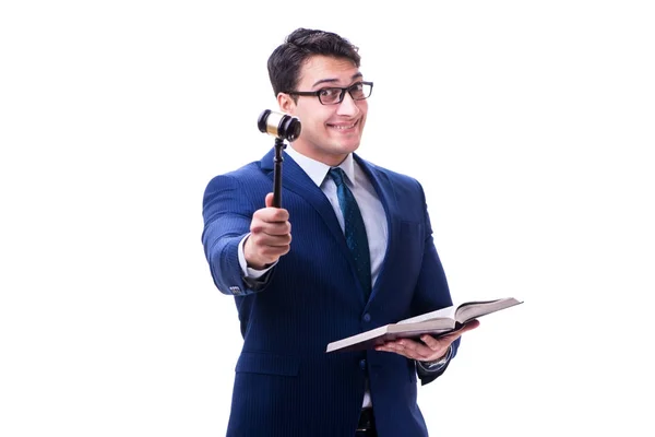 Advocaat rechtenstudent met een hamer geïsoleerd op witte achtergrond — Stockfoto