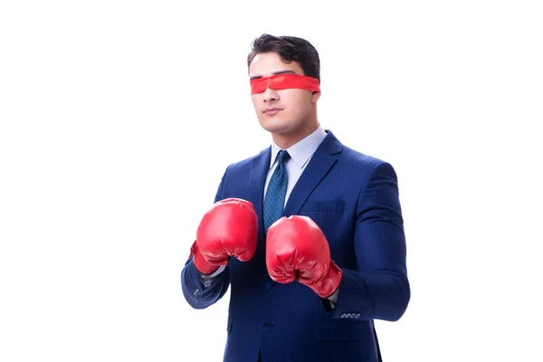 Адвокат с завязанными глазами в боксёрских перчатках, изолированных на белом — стоковое фото