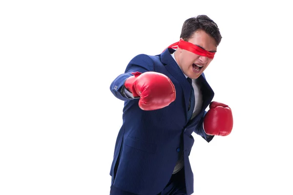 Abogado con los ojos vendados usando guantes de boxeo aislados en blanco —  Fotos de Stock