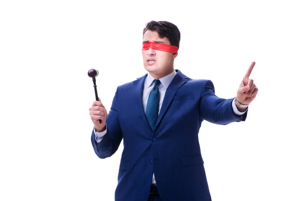 Rechtsanwalt mit Augenbinde, der einen Hammer auf weißem Grund hält — Stockfoto