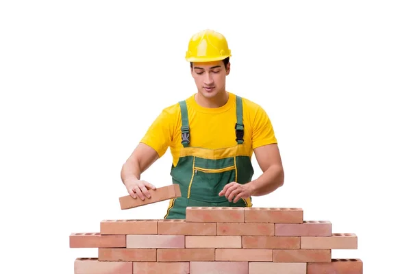 The handsome construction worker building brick wall — Stock Photo, Image