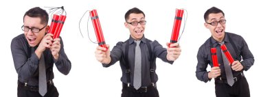 Dinamiti olan bir iş adamı beyazda izole edilmiş.