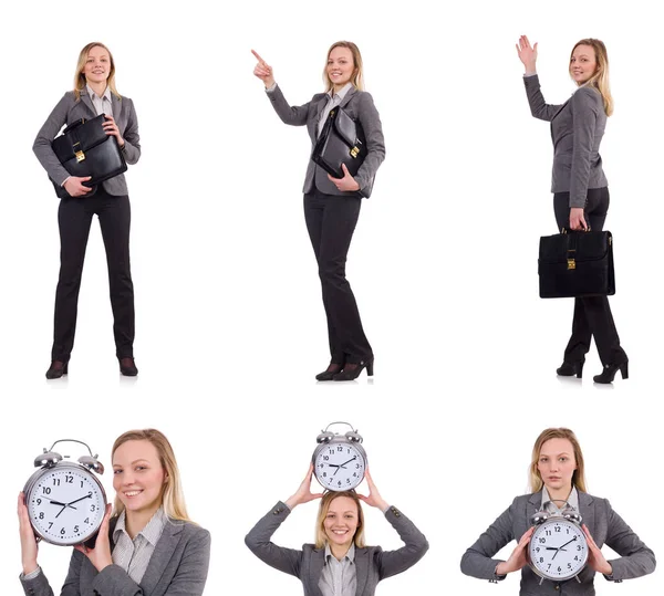Zakenvrouw in grijs pak geïsoleerd op wit — Stockfoto