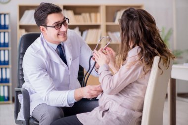 Hamile kadın muayene için doktoru ziyaret ediyor.