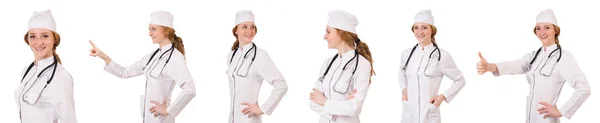 Młoda kobieta lekarz izolowany na białym — Zdjęcie stockowe