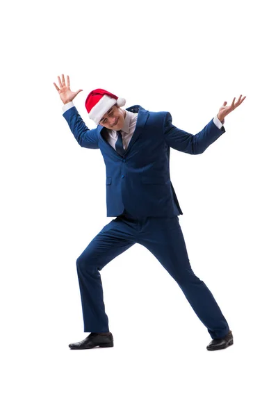 Ung skolelev bär santa hatt i jul koncept på vit — Stockfoto