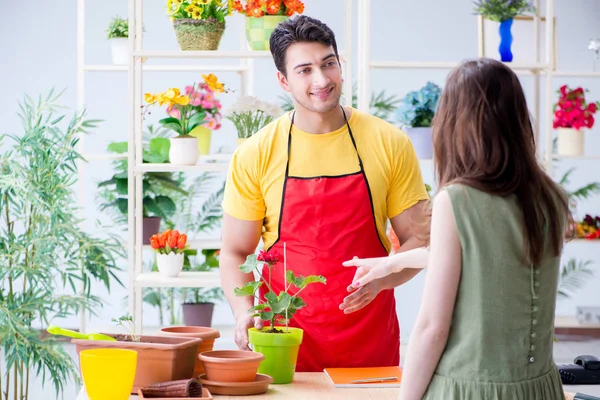 Çiçekçi dükkanında çiçek satıyor.