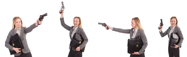 Zakenvrouw met pistool geïsoleerd op wit — Stockfoto