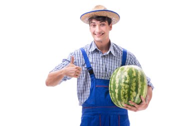 Beyaz izole karpuz ile genç çiftçi