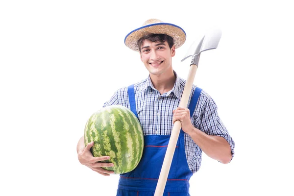 Jeune agriculteur avec pastèque isolé sur blanc — Photo