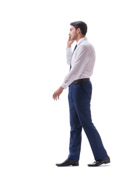 İşadamı yürüme ayakta yan görüntülemek izole üzerinde beyaz backgro