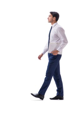 İşadamı yürüme ayakta yan görüntülemek izole üzerinde beyaz backgro
