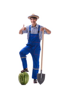 Beyaz izole karpuz ile genç çiftçi