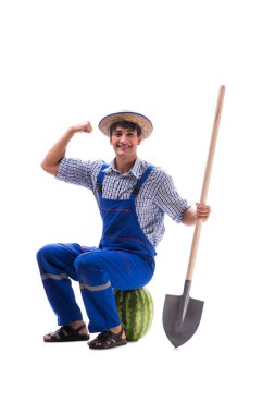 Beyaz izole karpuz ile genç çiftçi